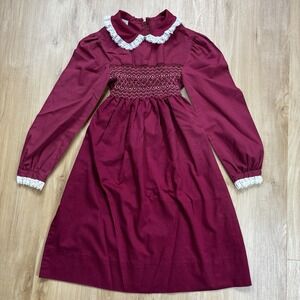 VTG Polly Flinders Hand Smocked Embroidered Long Sleeve Prairie Dress Maroon 10